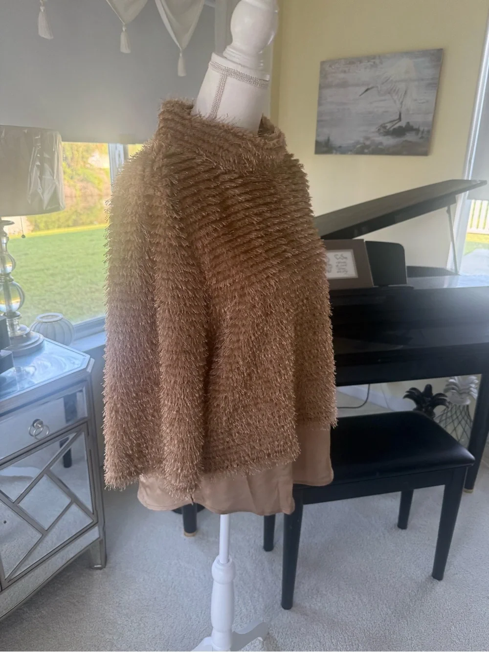 Vince Camuto tan brown textured eyelash knit, fluffy cowl neck tunic sweater